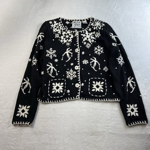 Vtg Michael Simon NYC Sz L Cardigan Sweater Snowflake Ski Black Embroidered 1995 - Picture 2 of 10